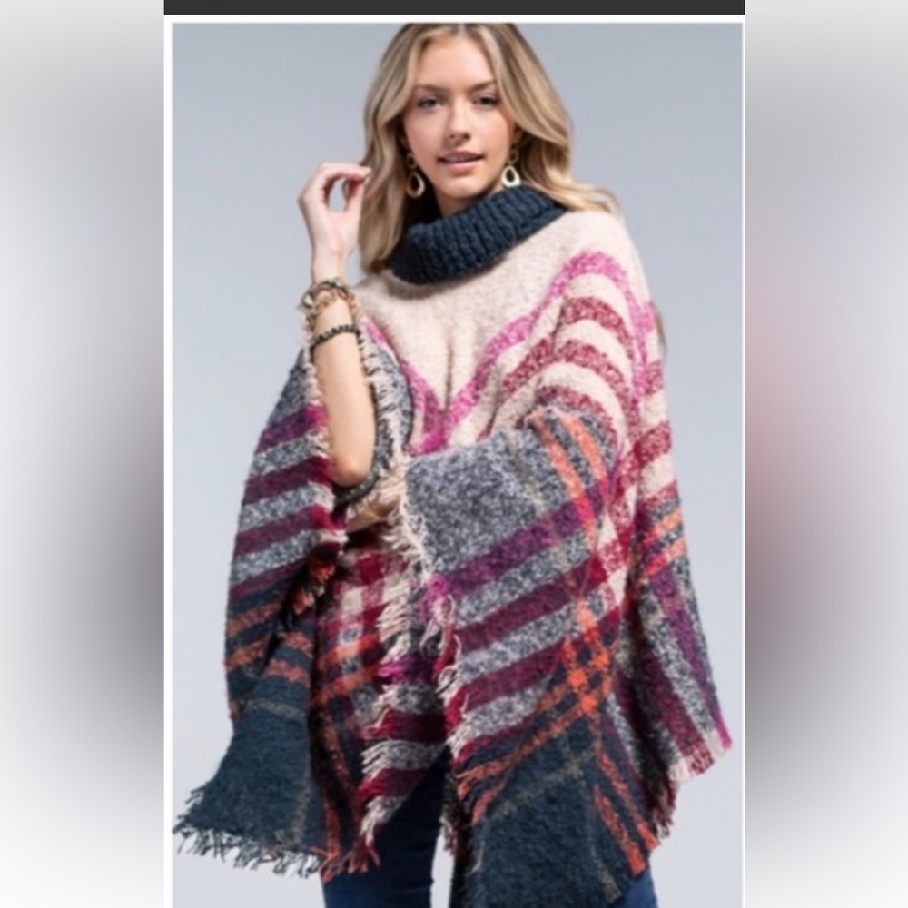 Macchia di Ruggine Multi-color Plaid Cowl fringe Poncho Beige Pink Green OS NWT